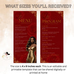 Editable Menu and Program Template Red Gold Birthday Dinner Menu card Printable Woman Elegant Party Menu with photo Event Programme Schedule