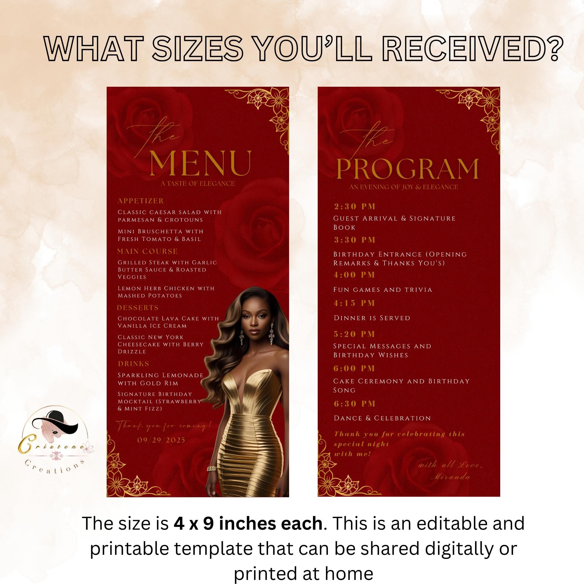 Editable Menu and Program Template Red Gold Birthday Dinner Menu card Printable Woman Elegant Party Menu with photo Event Programme Schedule