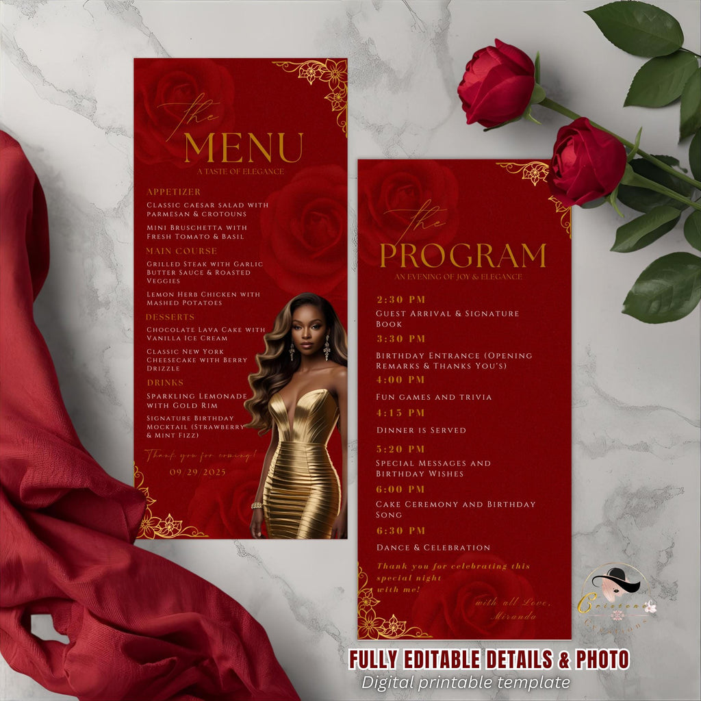 Editable Menu and Program Template Red Gold Birthday Dinner Menu card Printable Woman Elegant Party Menu with photo Event Programme Schedule