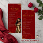 Editable Menu and Program Template Red Gold Birthday Dinner Menu card Printable Woman Elegant Party Menu with photo Event Programme Schedule