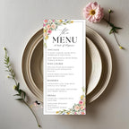 Editable Floral Menu and Program Template White Birthday Dinner Menu card Printable Minimalist Party Brunch Menu Retirement Program Schedule