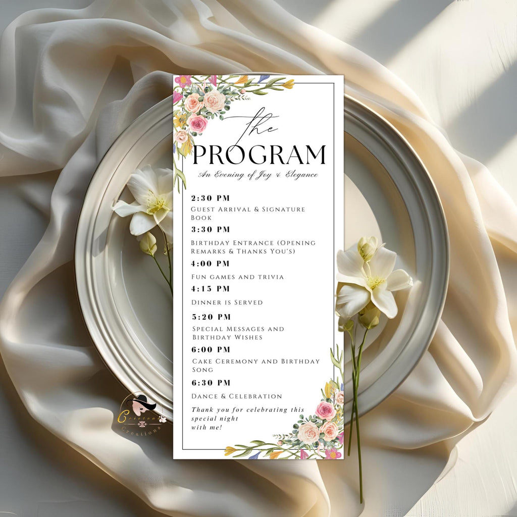 Editable Floral Menu and Program Template White Birthday Dinner Menu card Printable Minimalist Party Brunch Menu Retirement Program Schedule