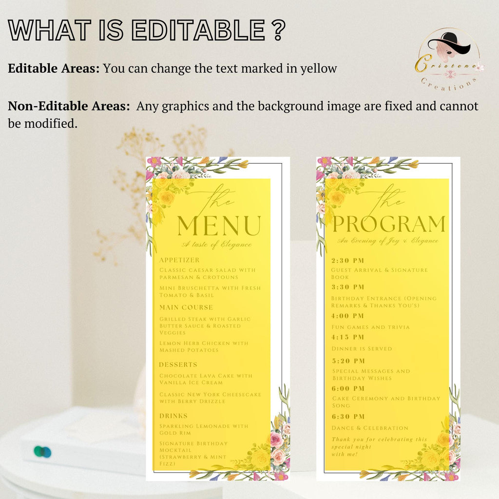 Editable Floral Menu and Program Template White Birthday Dinner Menu card Printable Minimalist Party Brunch Menu Retirement Program Schedule