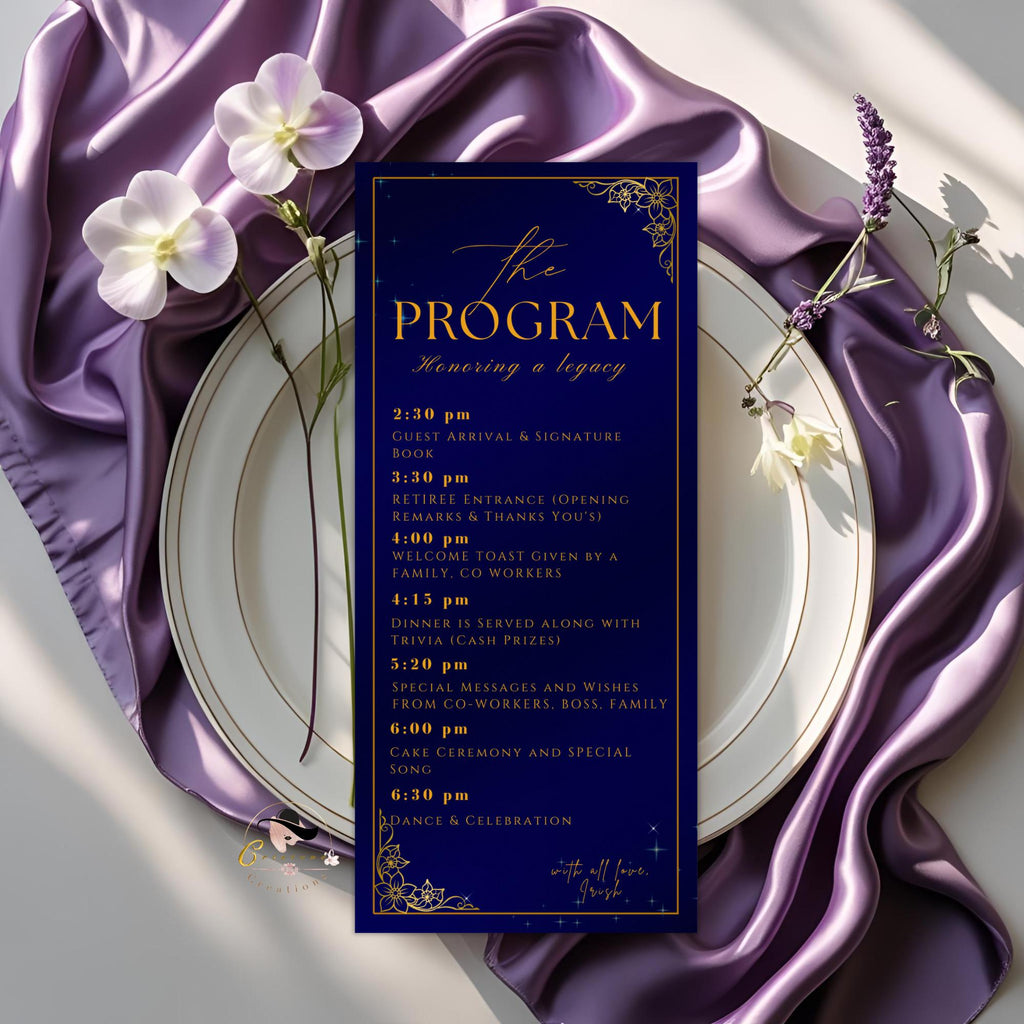 Blue Gold Retirement Party Program Card Template, Photo, Printable (Digital Download)