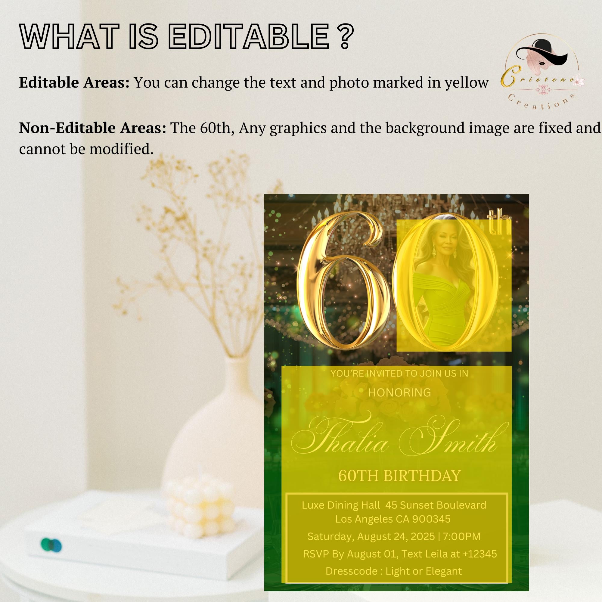 Digital 60th Birthday invitation, Green Gold Luxury 60th Birthday Dinner Invite with photo, Sixtieth Birthday Party Card, Printable Template