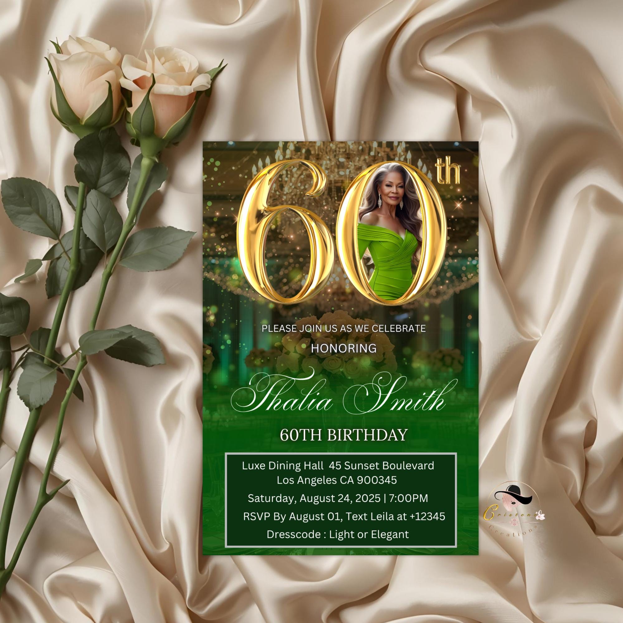 Digital 60th Birthday invitation, Green Gold Luxury 60th Birthday Dinner Invite with photo, Sixtieth Birthday Party Card, Printable Template