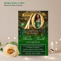 Digital 70th Birthday invitation Green Gold Luxury 70th Birthday Dinner Invite with photo Seventieth Birthday Party Card Printable Template