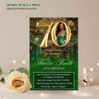 Digital 70th Birthday invitation Green Gold Luxury 70th Birthday Dinner Invite with photo Seventieth Birthday Party Card Printable Template