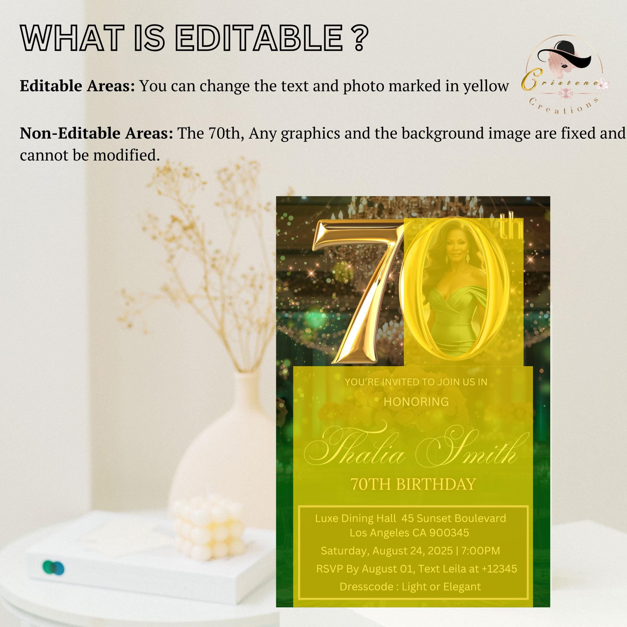 Digital 70th Birthday invitation Green Gold Luxury 70th Birthday Dinner Invite with photo Seventieth Birthday Party Card Printable Template