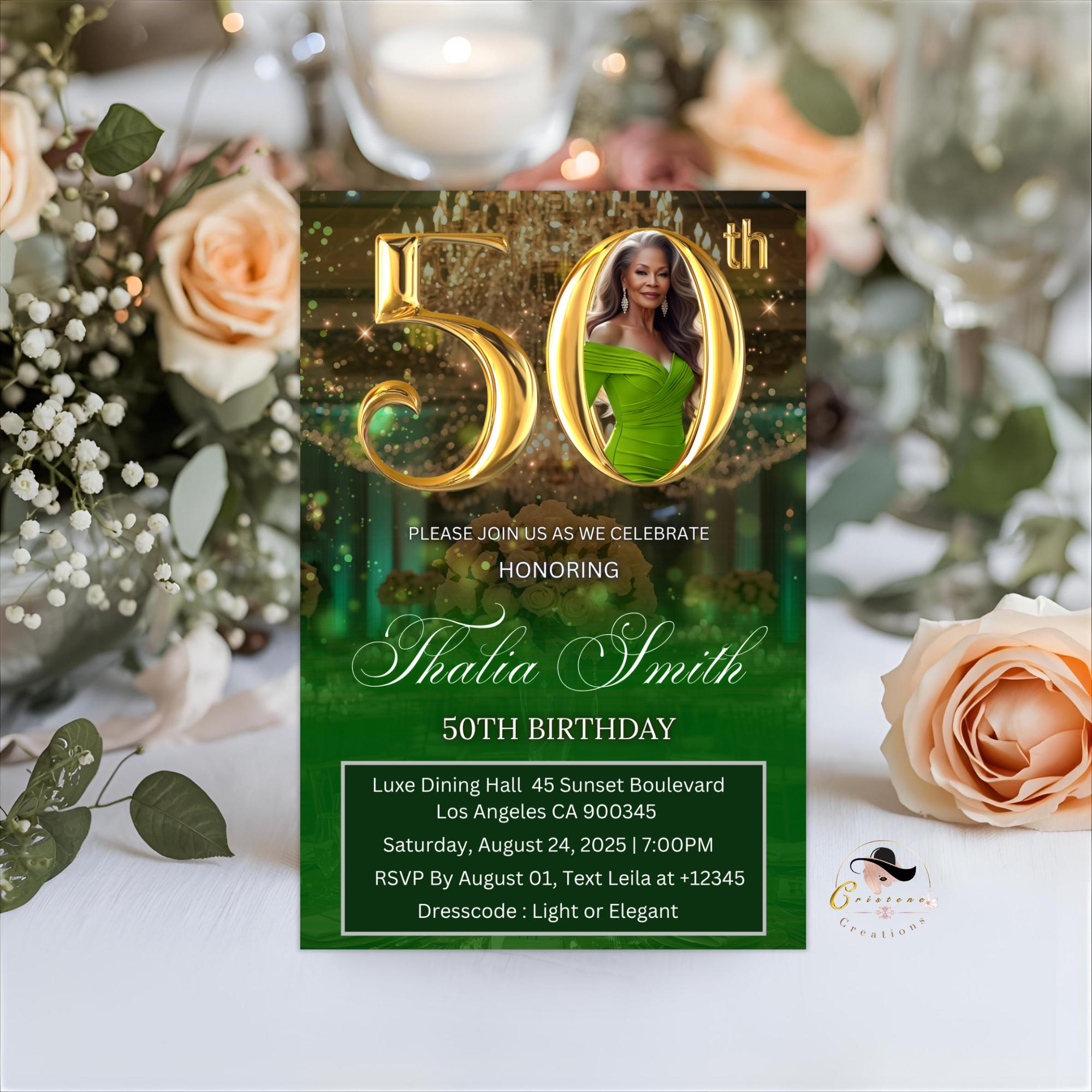 Digital 50th Birthday Invitation Green Golden 50th Birthday Dinner invite with photo Elegant Birthday party woman card Printable Template