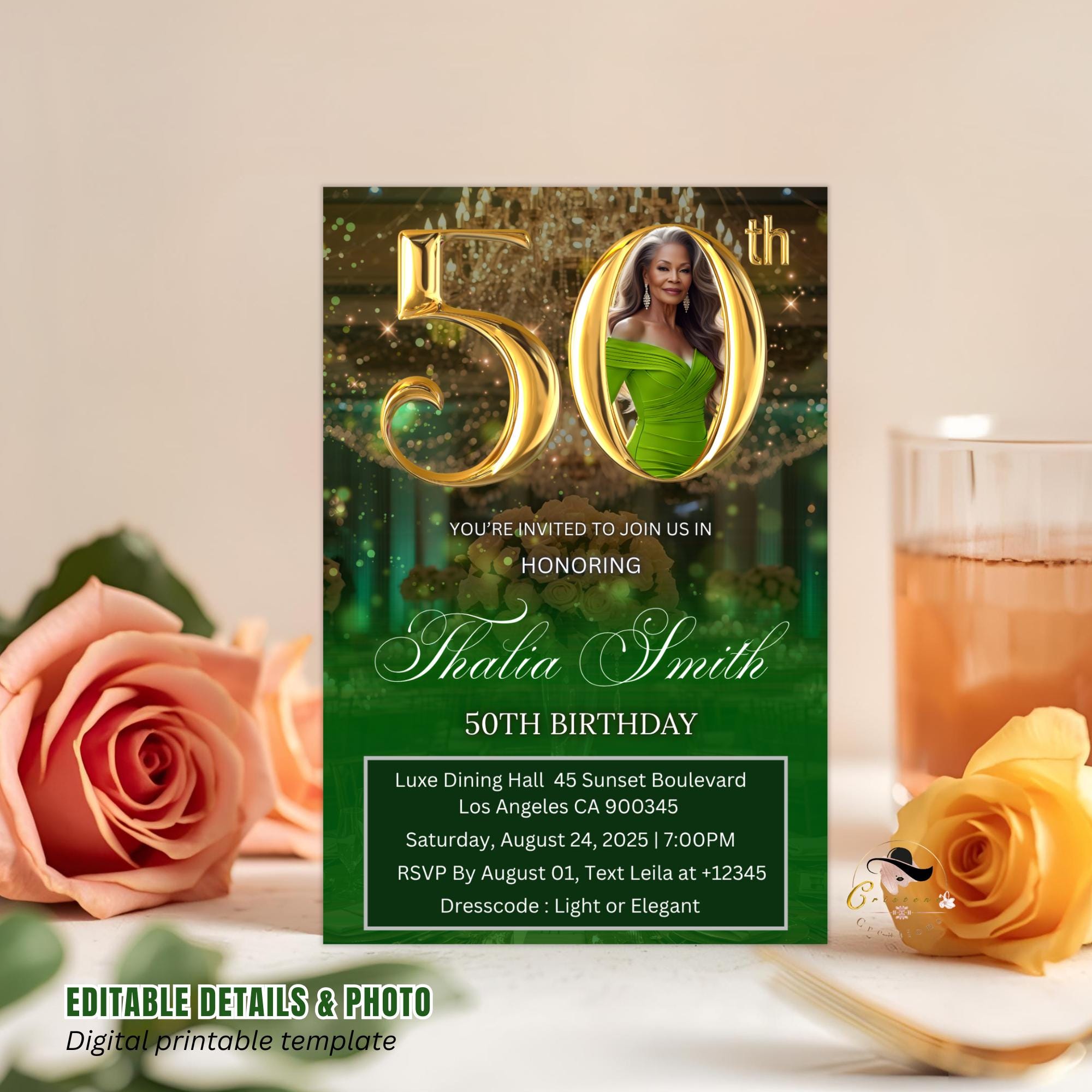 Digital 50th Birthday Invitation Green Golden 50th Birthday Dinner invite with photo Elegant Birthday party woman card Printable Template