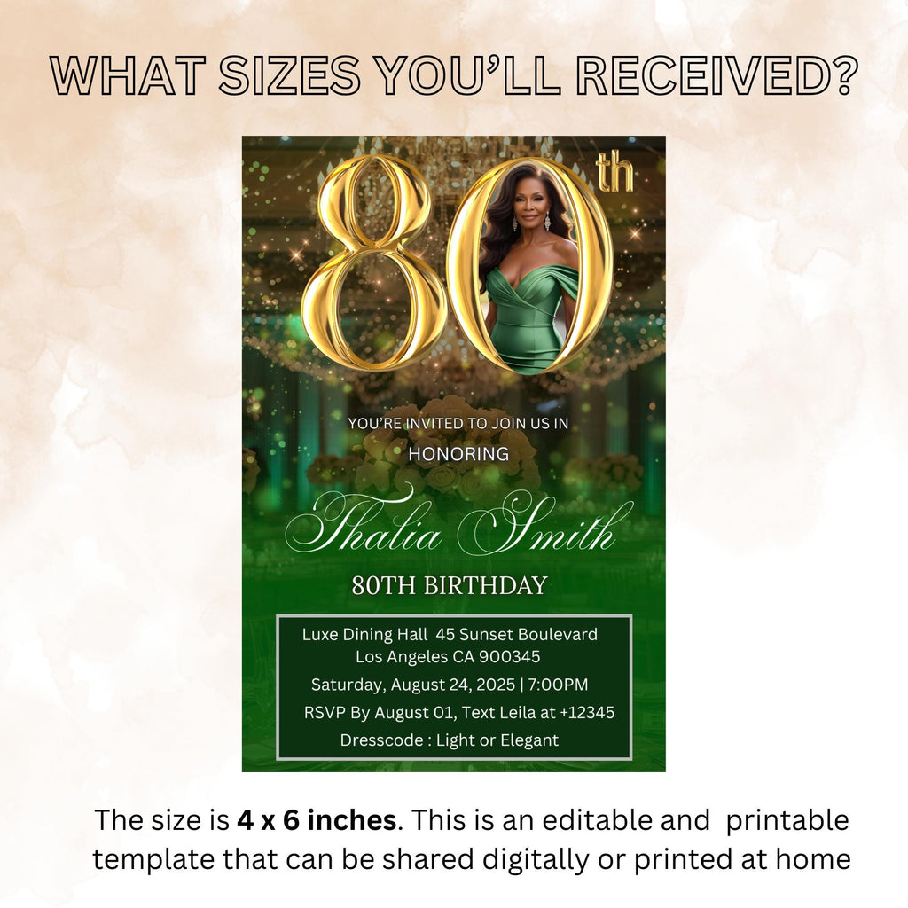 Digital 80th Birthday invitation Green Gold Luxury 80th Birthday Dinner invite with photo Eightieth Birthday party card Editable Template