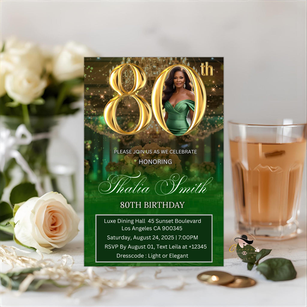 Digital 80th Birthday invitation Green Gold Luxury 80th Birthday Dinner invite with photo Eightieth Birthday party card Editable Template