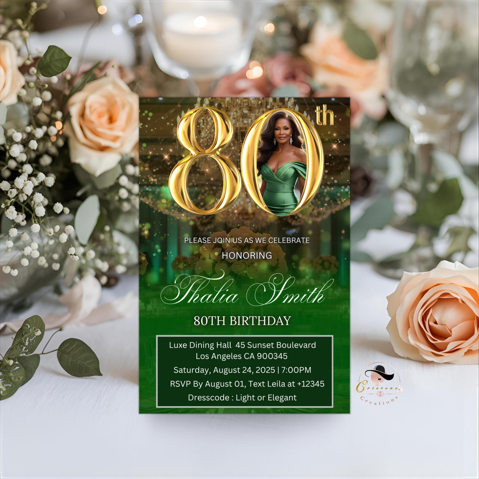 Digital 80th Birthday invitation Green Gold Luxury 80th Birthday Dinner invite with photo Eightieth Birthday party card Editable Template