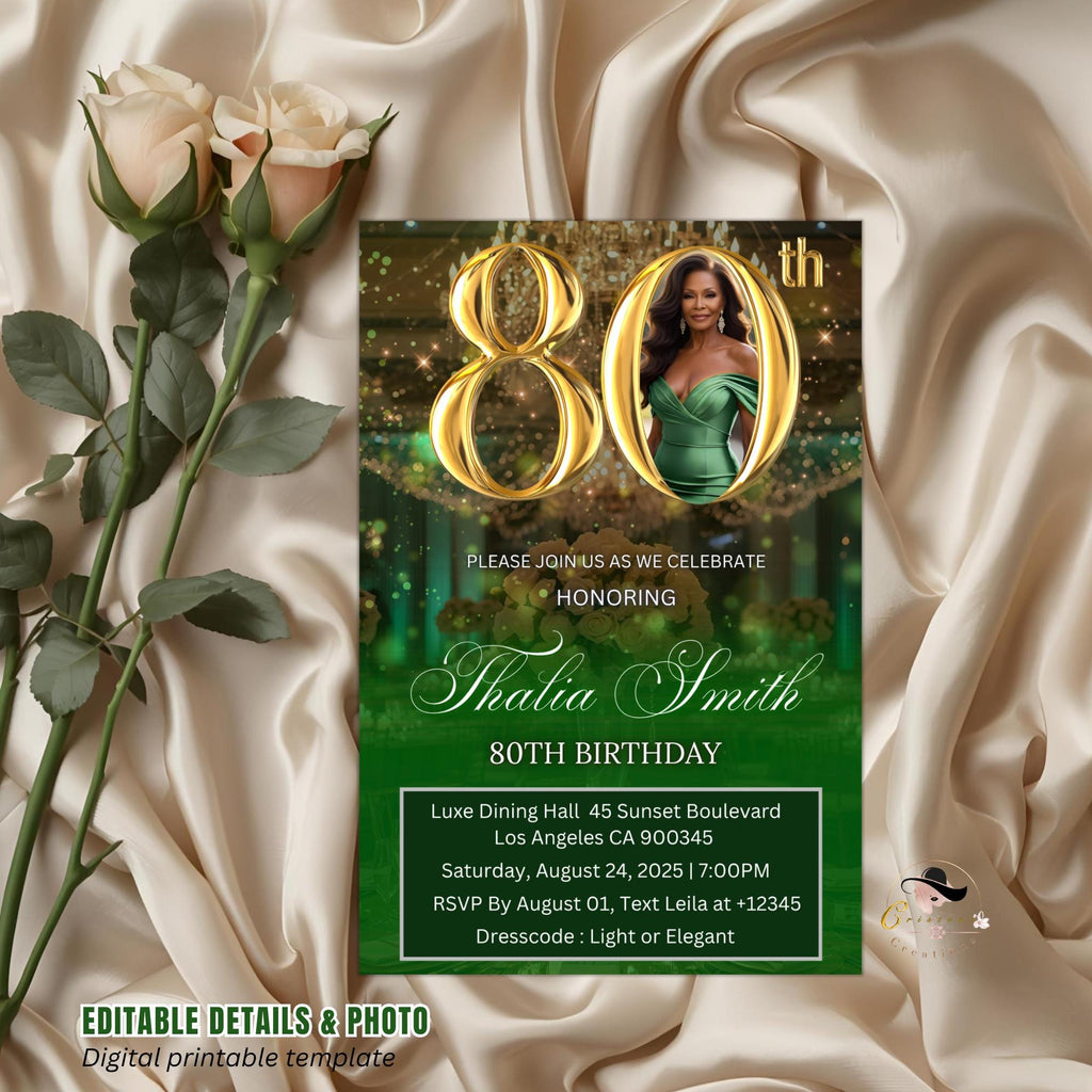 Digital 80th Birthday invitation Green Gold Luxury 80th Birthday Dinner invite with photo Eightieth Birthday party card Editable Template