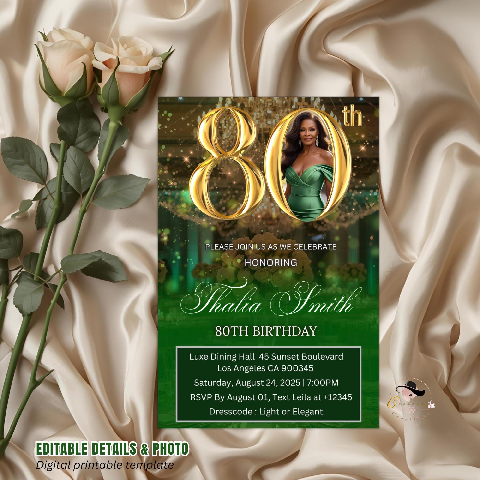 Digital 80th Birthday invitation Green Gold Luxury 80th Birthday Dinner invite with photo Eightieth Birthday party card Editable Template
