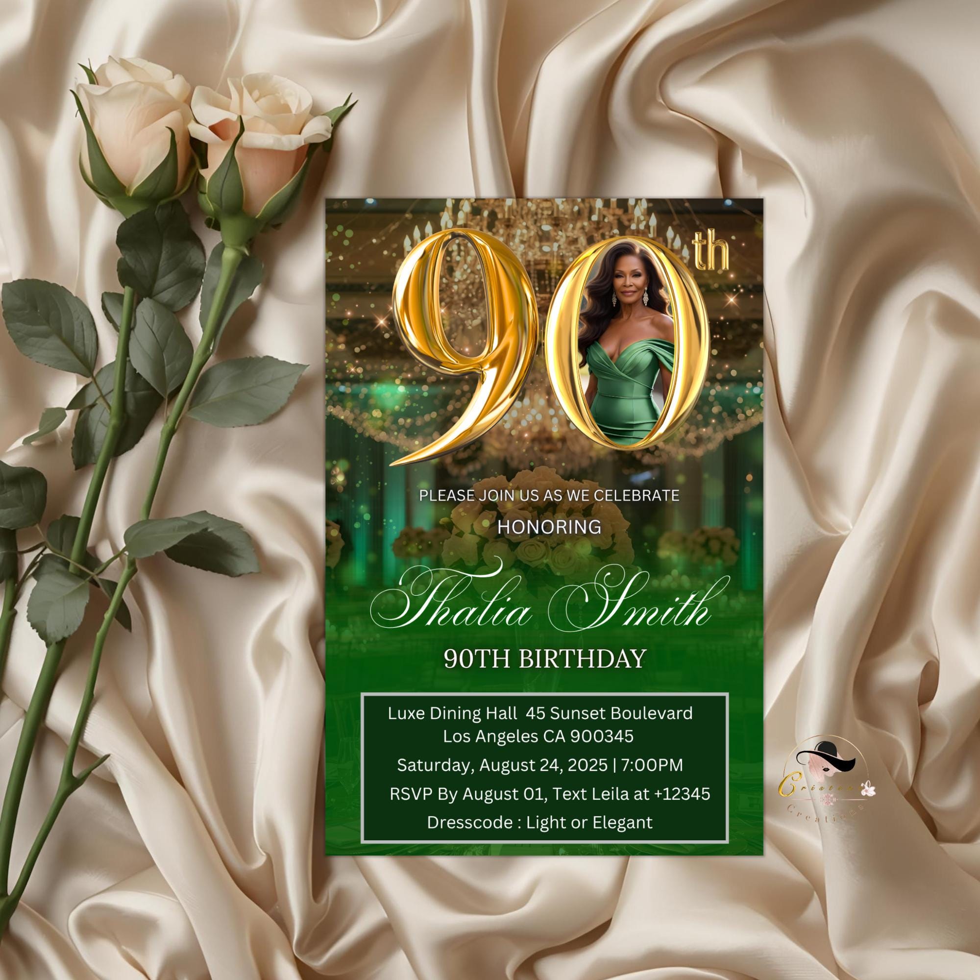 Digital 90th Birthday invitation Green Gold Luxury 90th Birthday Dinner Invite with photo Ninetieth Birthday Party Card Printable Template