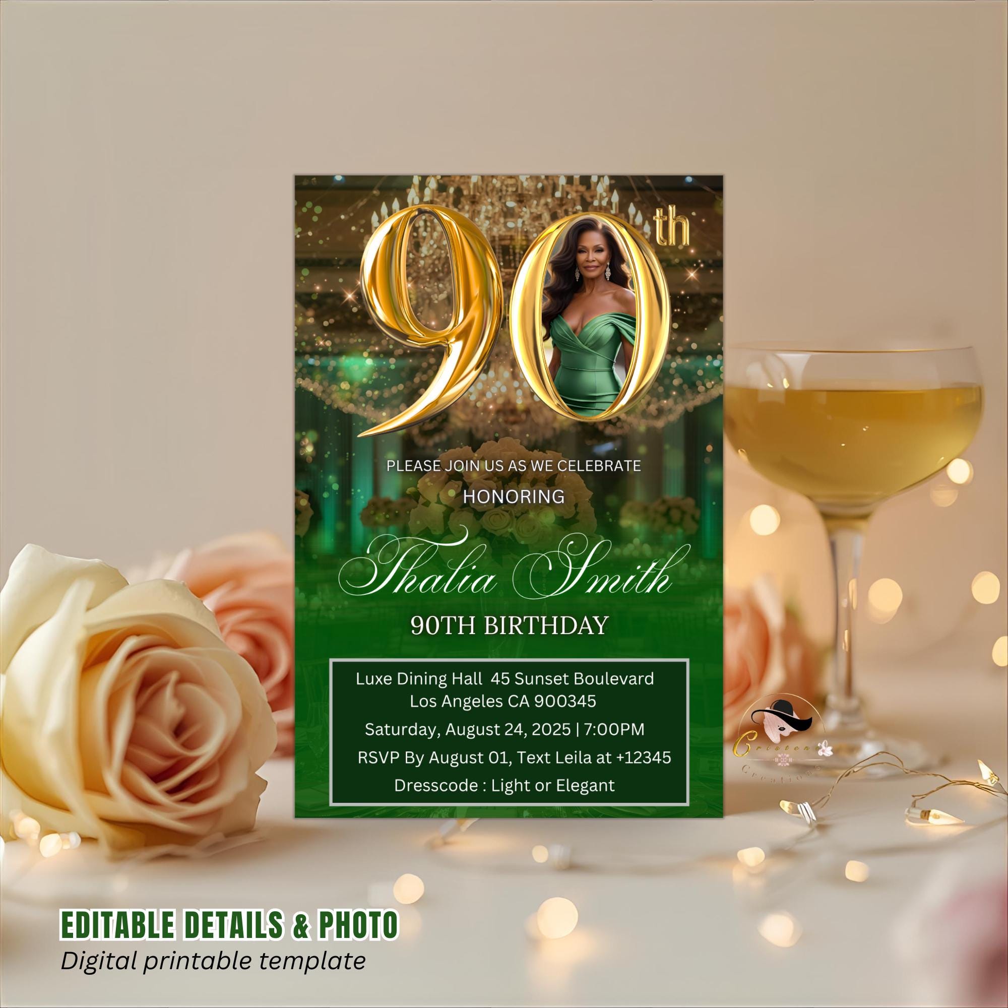 Digital 90th Birthday invitation Green Gold Luxury 90th Birthday Dinner Invite with photo Ninetieth Birthday Party Card Printable Template