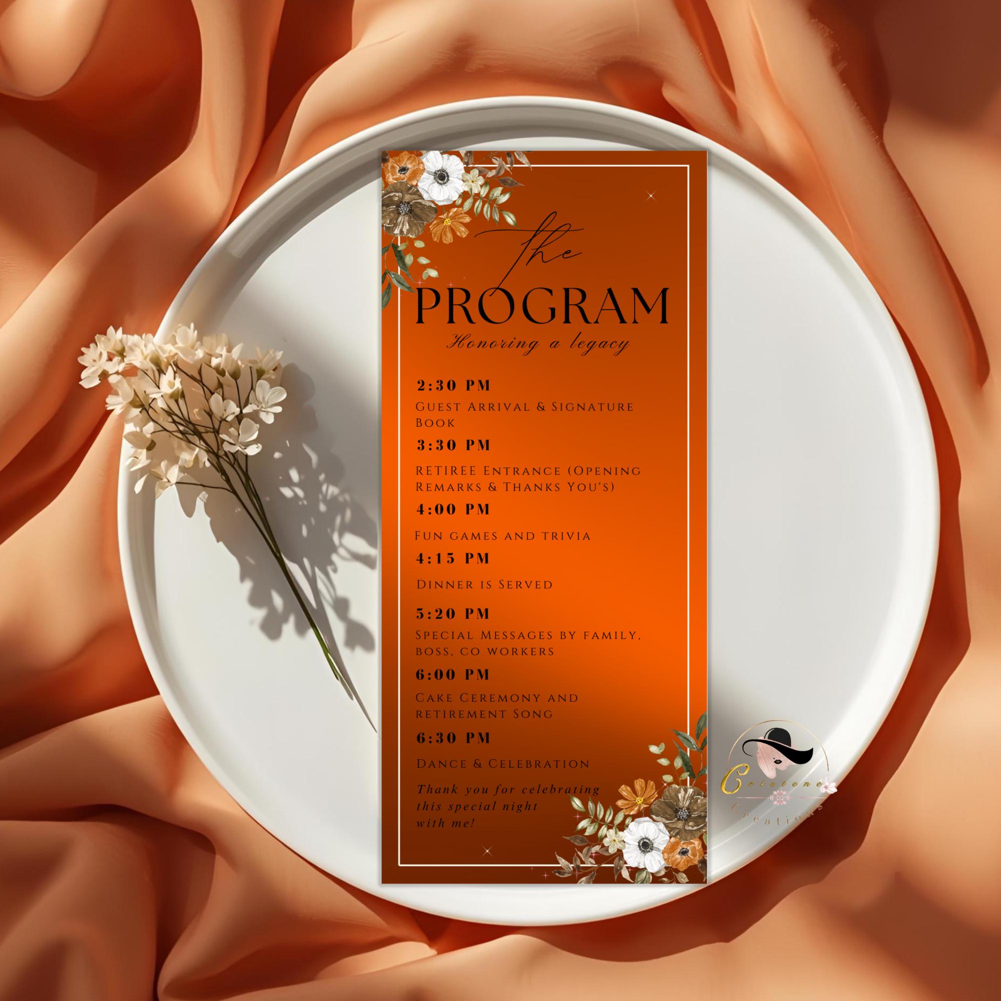 Editable Retirement Program Template Orange Elegant Retirement Party Program Schedule, Order of Event Floral Birthday Program Card Printable
