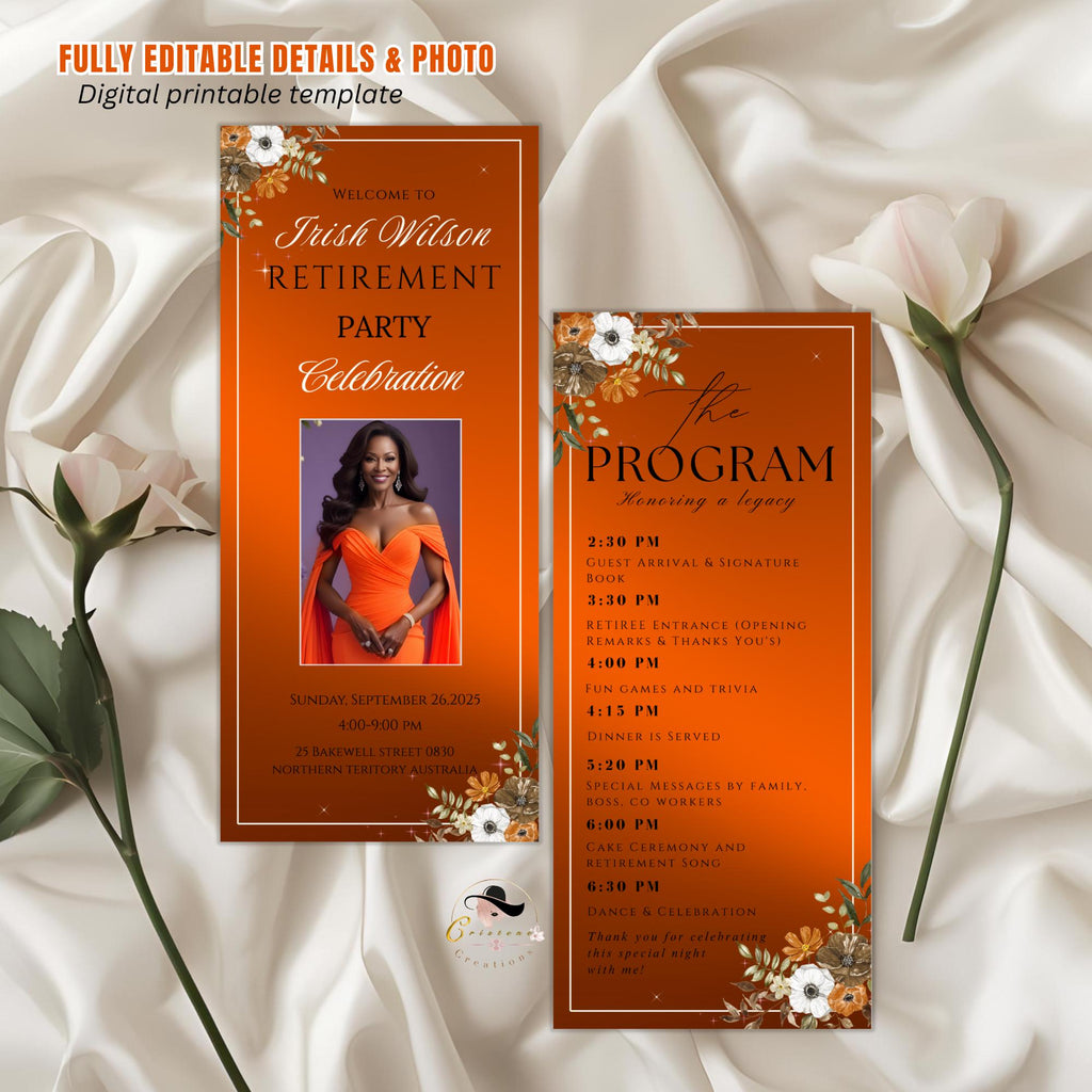 Editable Retirement Program Template Orange Elegant Retirement Party Program Schedule, Order of Event Floral Birthday Program Card Printable