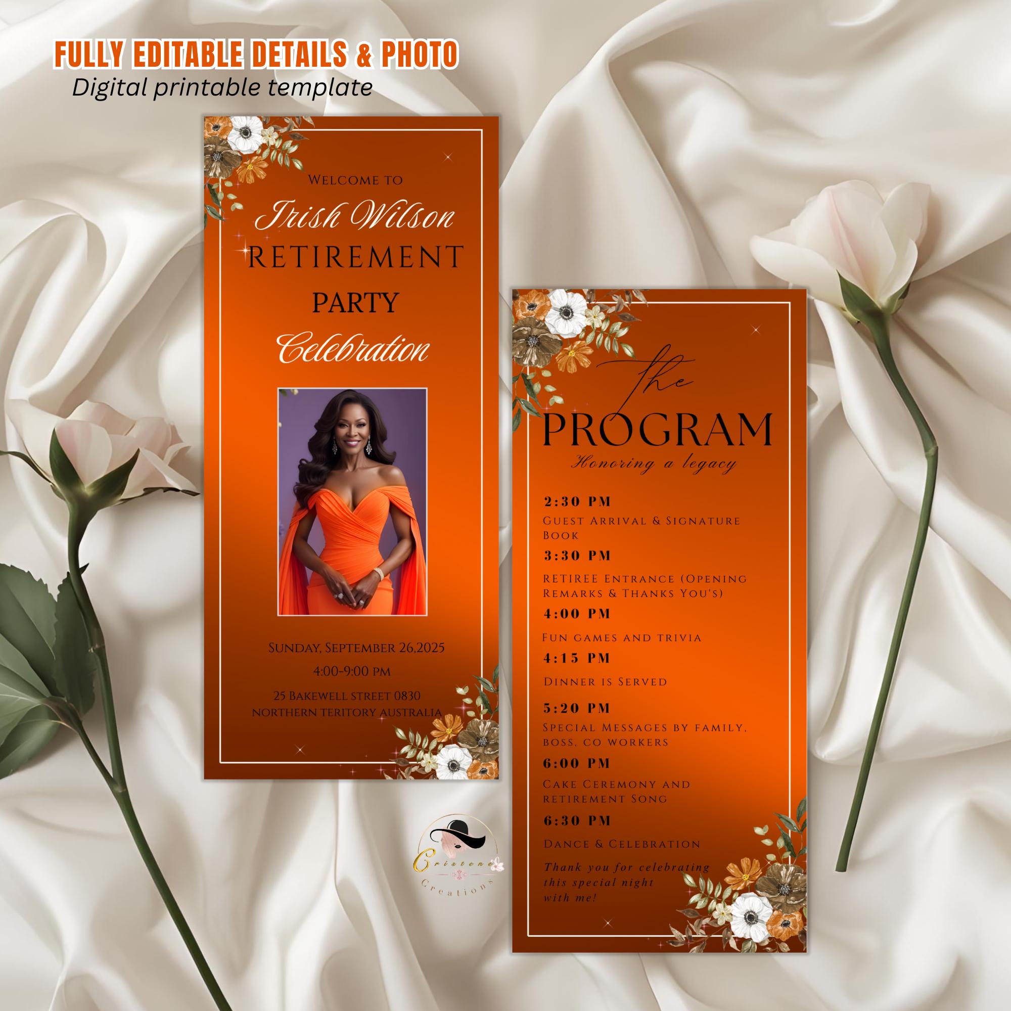 Editable Retirement Program Template Orange Elegant Retirement Party Program Schedule, Order of Event Floral Birthday Program Card Printable