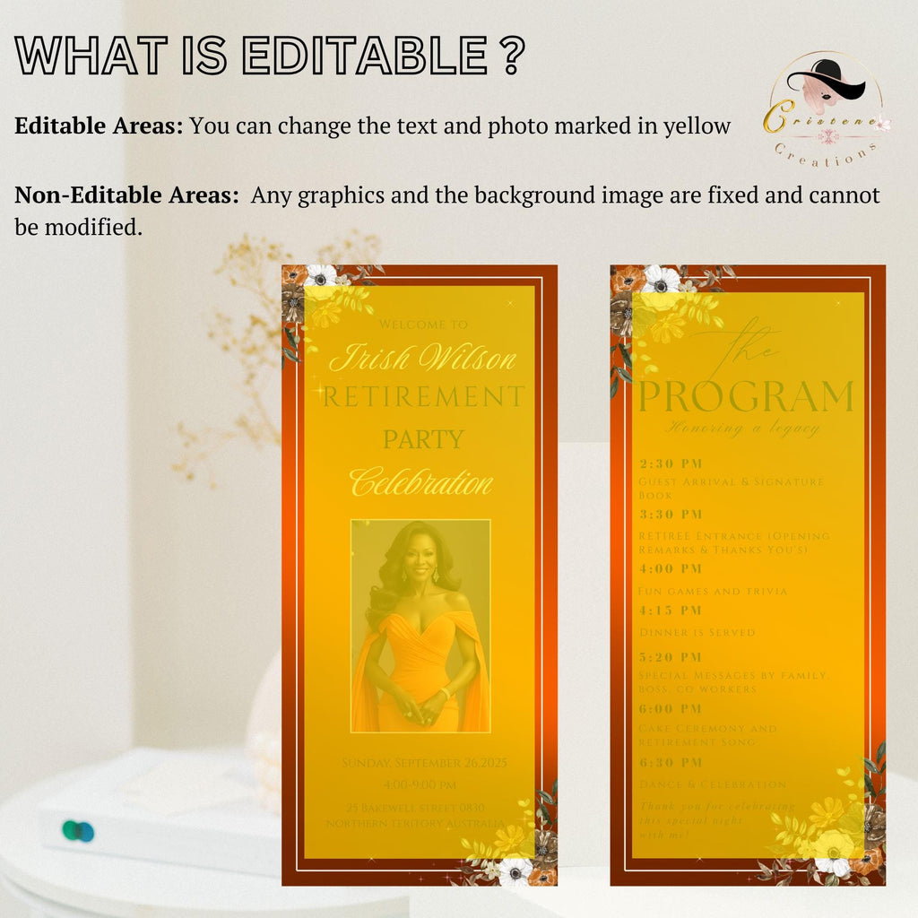 Editable Retirement Program Template Orange Elegant Retirement Party Program Schedule, Order of Event Floral Birthday Program Card Printable