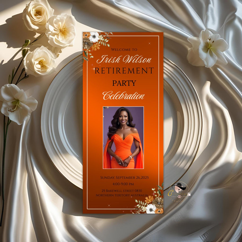 Editable Retirement Program Template Orange Elegant Retirement Party Program Schedule, Order of Event Floral Birthday Program Card Printable