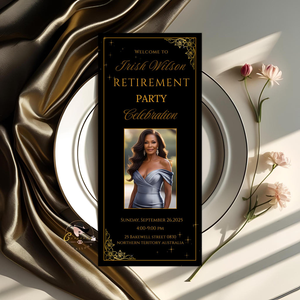Retirement Party Program Template Black Gold Birthday Program card with photo, Printable Order of Events Editable Adult Dinner Party Program