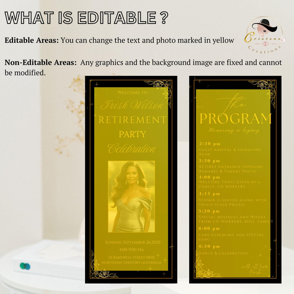Retirement Party Program Template Black Gold Birthday Program card with photo, Printable Order of Events Editable Adult Dinner Party Program