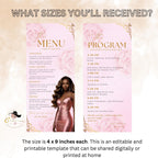 Editable Menu and Program Template Pink Birthday Party Program card Printable, Luxury Woman Party Menu with photo, Sweet 16 Table Menu Decor