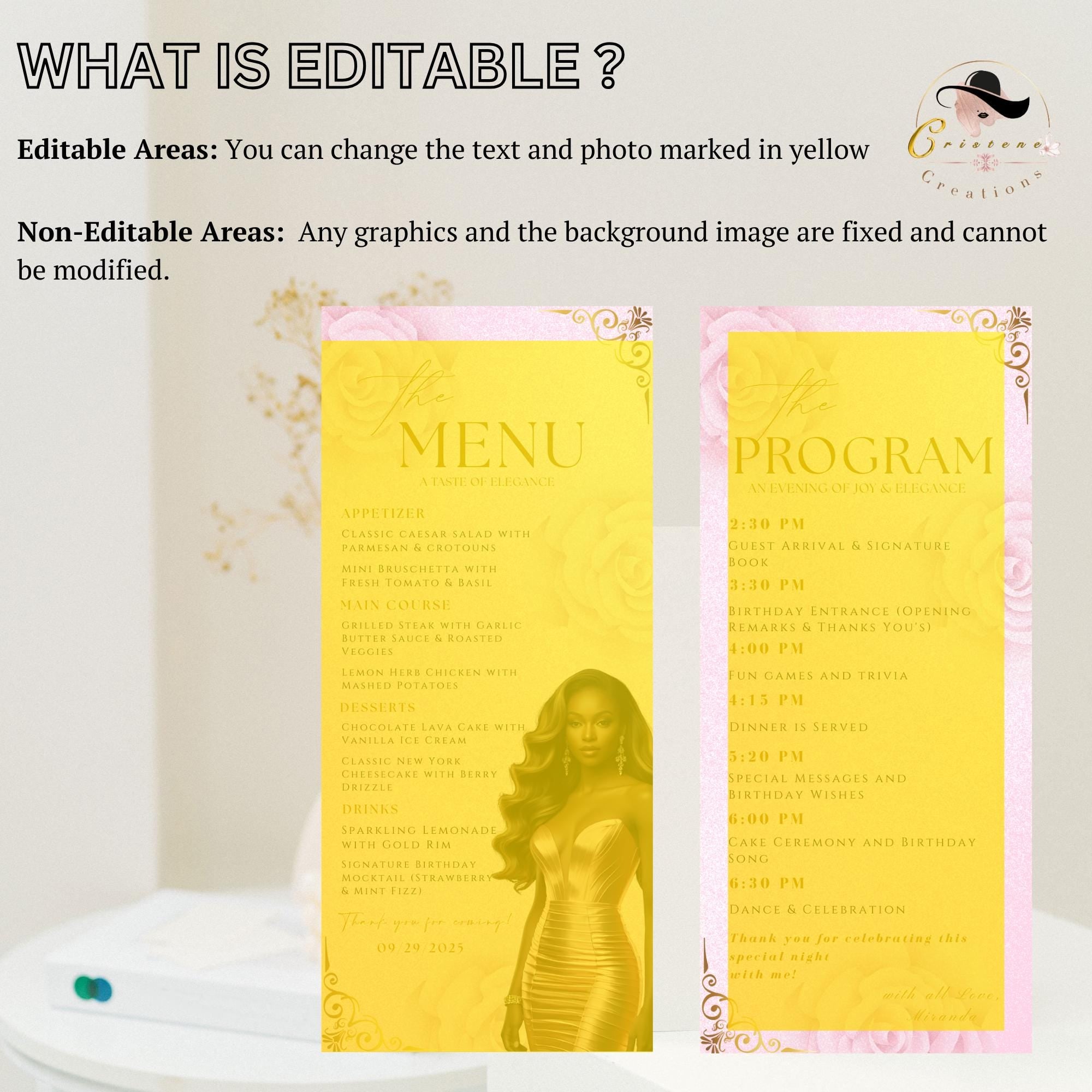 Editable Menu and Program Template Pink Birthday Party Program card Printable, Luxury Woman Party Menu with photo, Sweet 16 Table Menu Decor