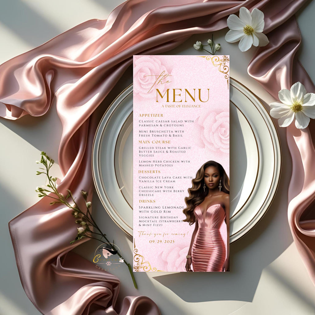 Editable Menu and Program Template Pink Birthday Party Program card Printable, Luxury Woman Party Menu with photo, Sweet 16 Table Menu Decor