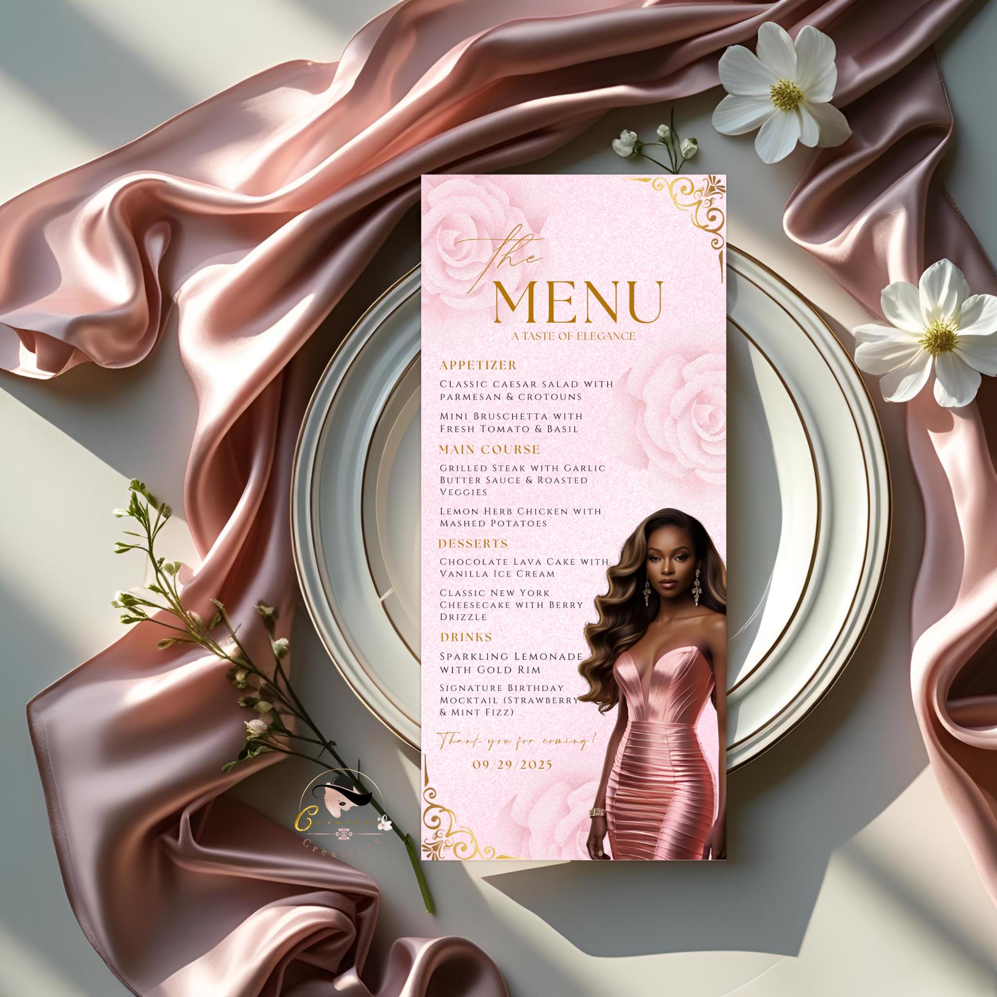 Editable Menu and Program Template Pink Birthday Party Program card Printable, Luxury Woman Party Menu with photo, Sweet 16 Table Menu Decor
