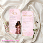Editable Menu and Program Template Pink Birthday Party Program card Printable, Luxury Woman Party Menu with photo, Sweet 16 Table Menu Decor