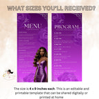 Editable Menu and Program Template Purple Birthday Dinner Menu card Printable Retirement Party Program with photo, Floral Adult Party Menu