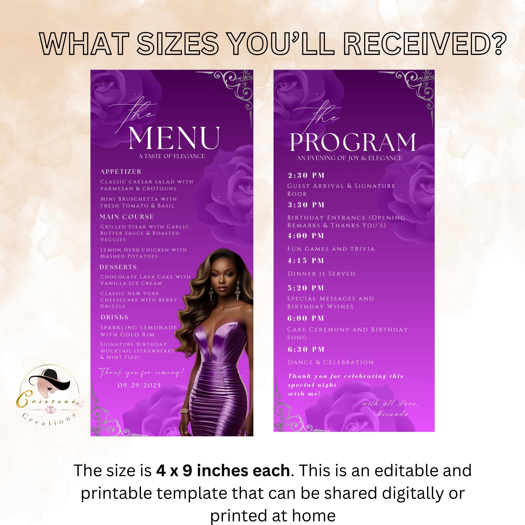 Editable Menu and Program Template Purple Birthday Dinner Menu card Printable Retirement Party Program with photo, Floral Adult Party Menu