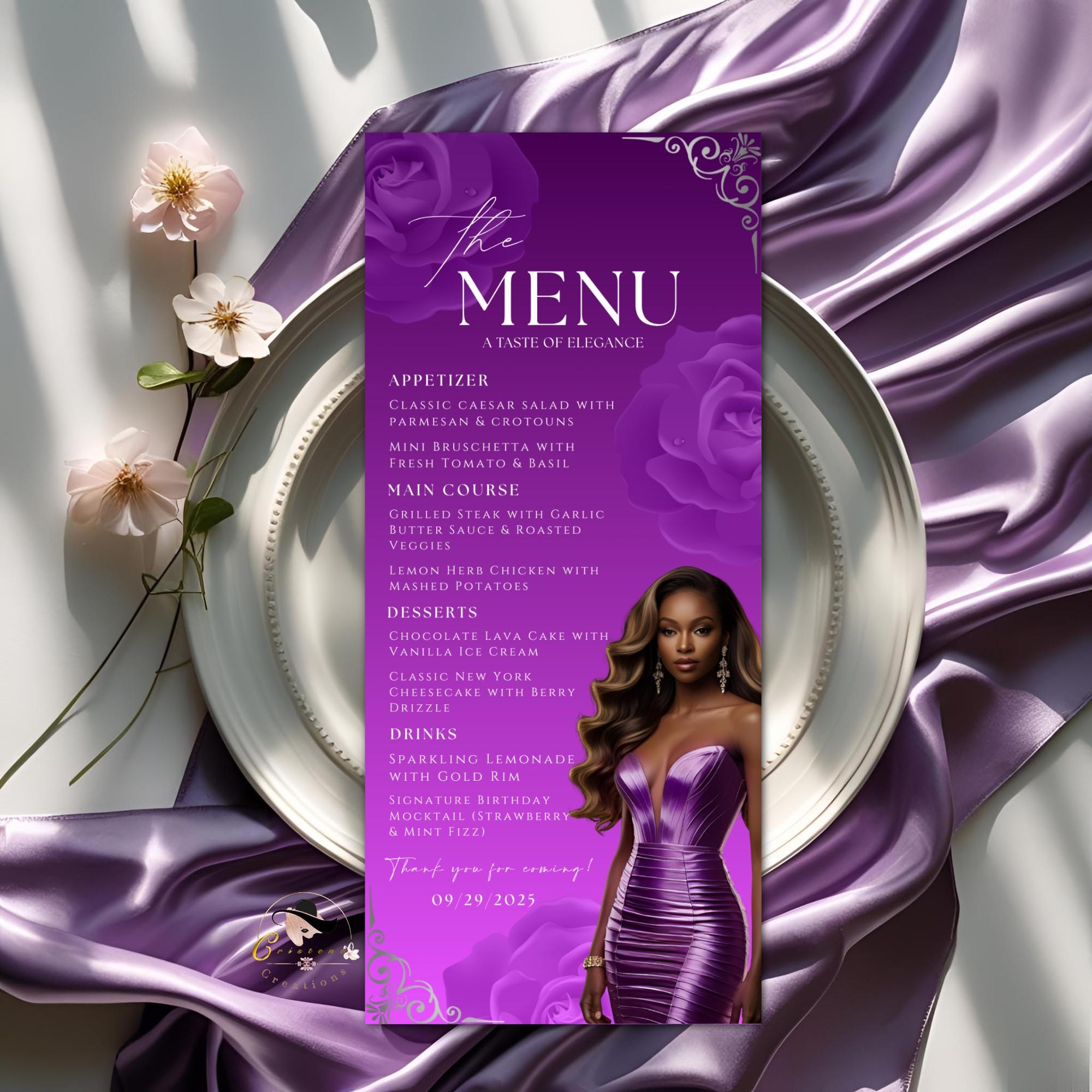 Editable Menu and Program Template Purple Birthday Dinner Menu card Printable Retirement Party Program with photo, Floral Adult Party Menu