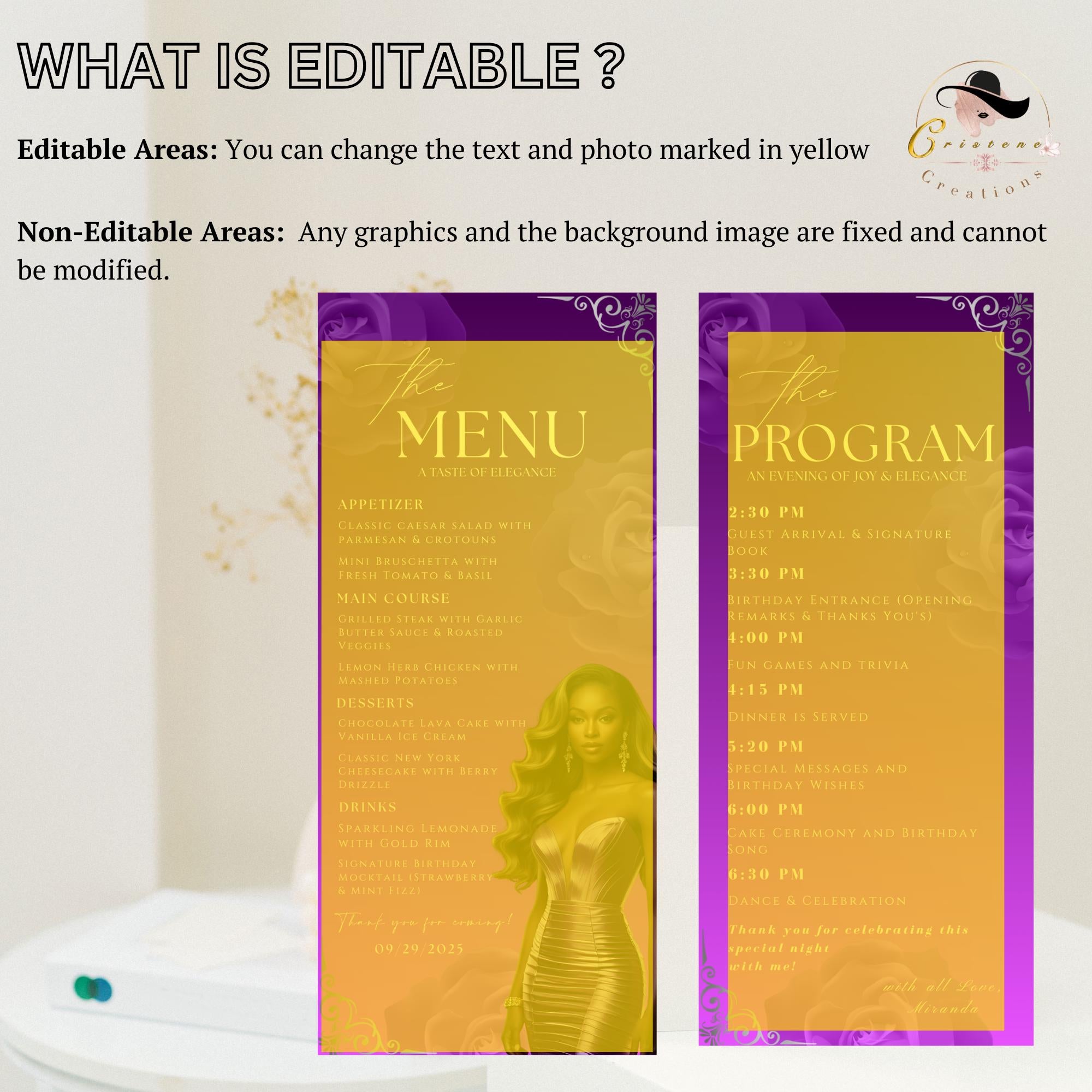 Editable Menu and Program Template Purple Birthday Dinner Menu card Printable Retirement Party Program with photo, Floral Adult Party Menu