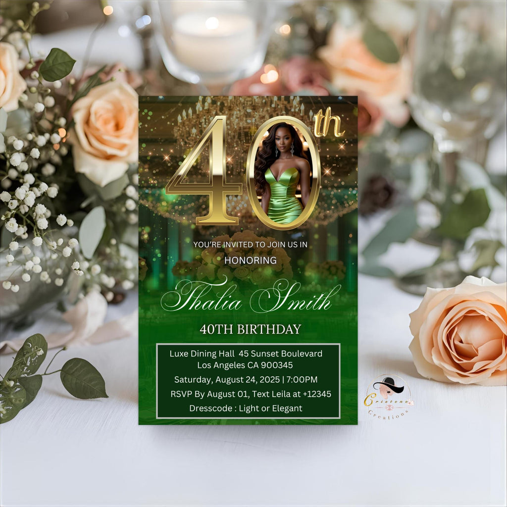 Digital 40th Birthday Invitation Green Gold 40th Birthday Dinner Invite with photo Woman Elegant Forty Birthday Party Printable Template