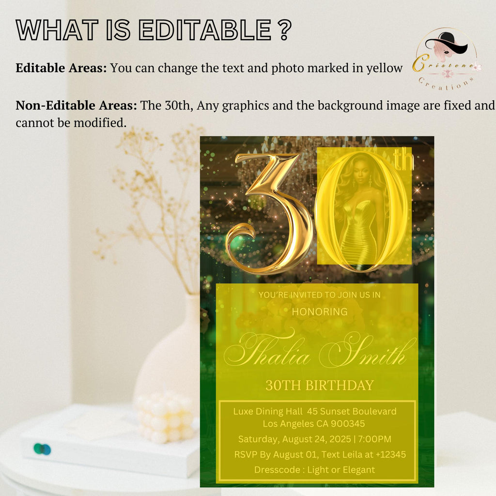 Editable 30th Birthday Invitation Green Gold Digital 30th Birthday Dinner invite with photo Woman Elegant Thirtieth Brunch Party Template