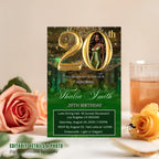 Editable 20th Birthday Invitation Green Gold Digital 20th Birthday Dinner invite with photo Woman Elegant Brunch Party Printable Template