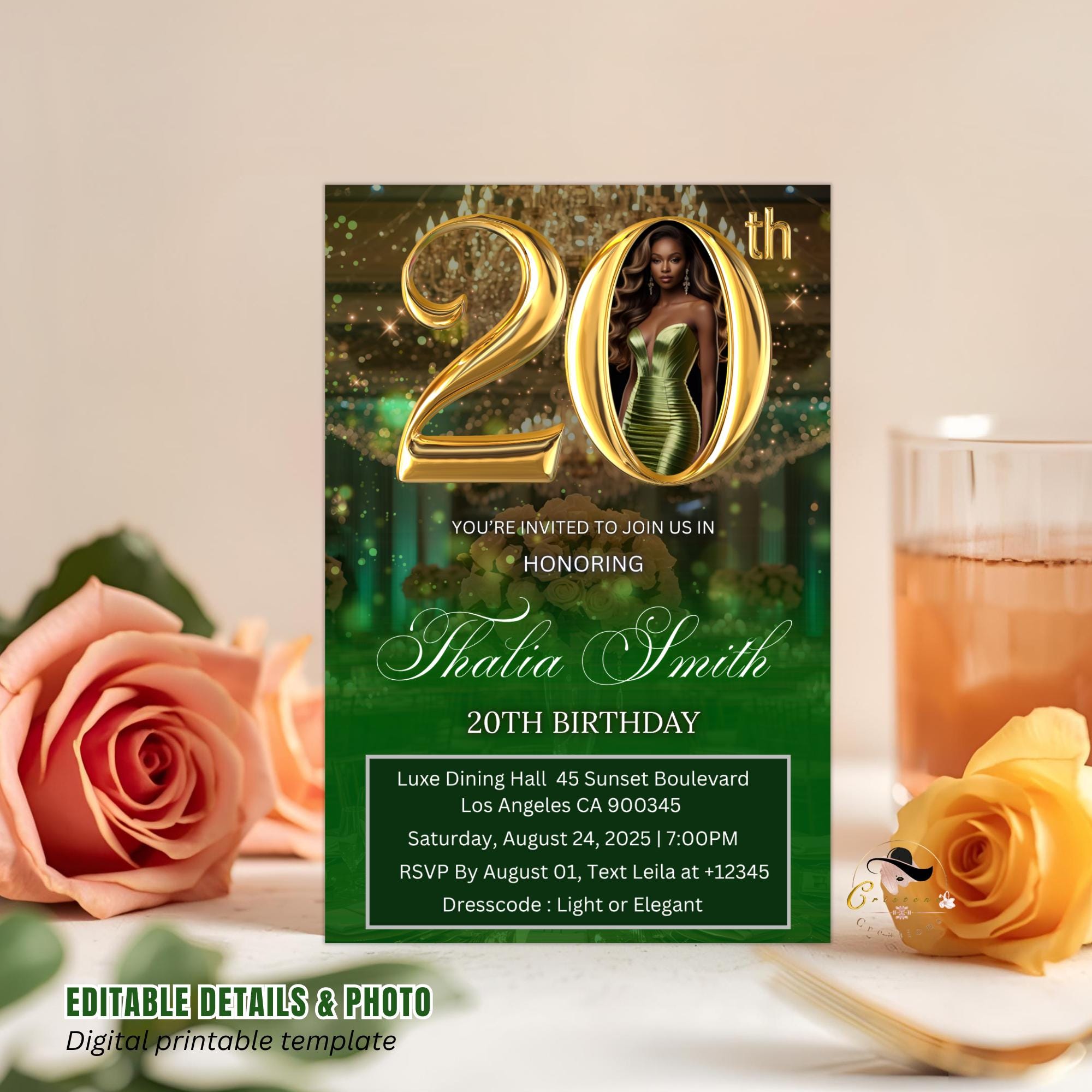 Editable 20th Birthday Invitation Green Gold Digital 20th Birthday Dinner invite with photo Woman Elegant Brunch Party Printable Template