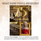Editable 75th Birthday Invitation Black Gold 75th Birthday Dinner Invite with photo Woman Elegant Birthday Brunch Party Digital Template