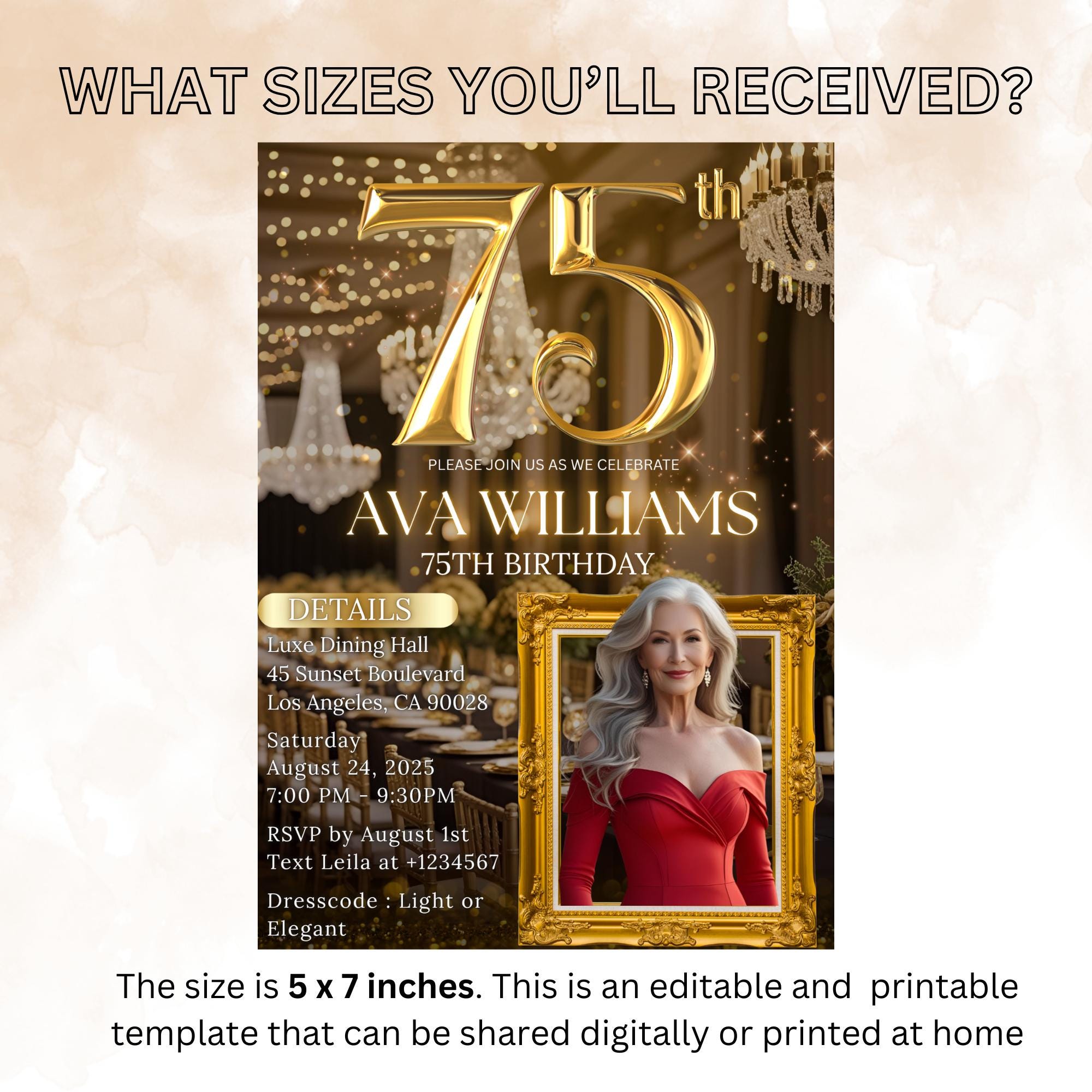 Editable 75th Birthday Invitation Black Gold 75th Birthday Dinner Invite with photo Woman Elegant Birthday Brunch Party Digital Template