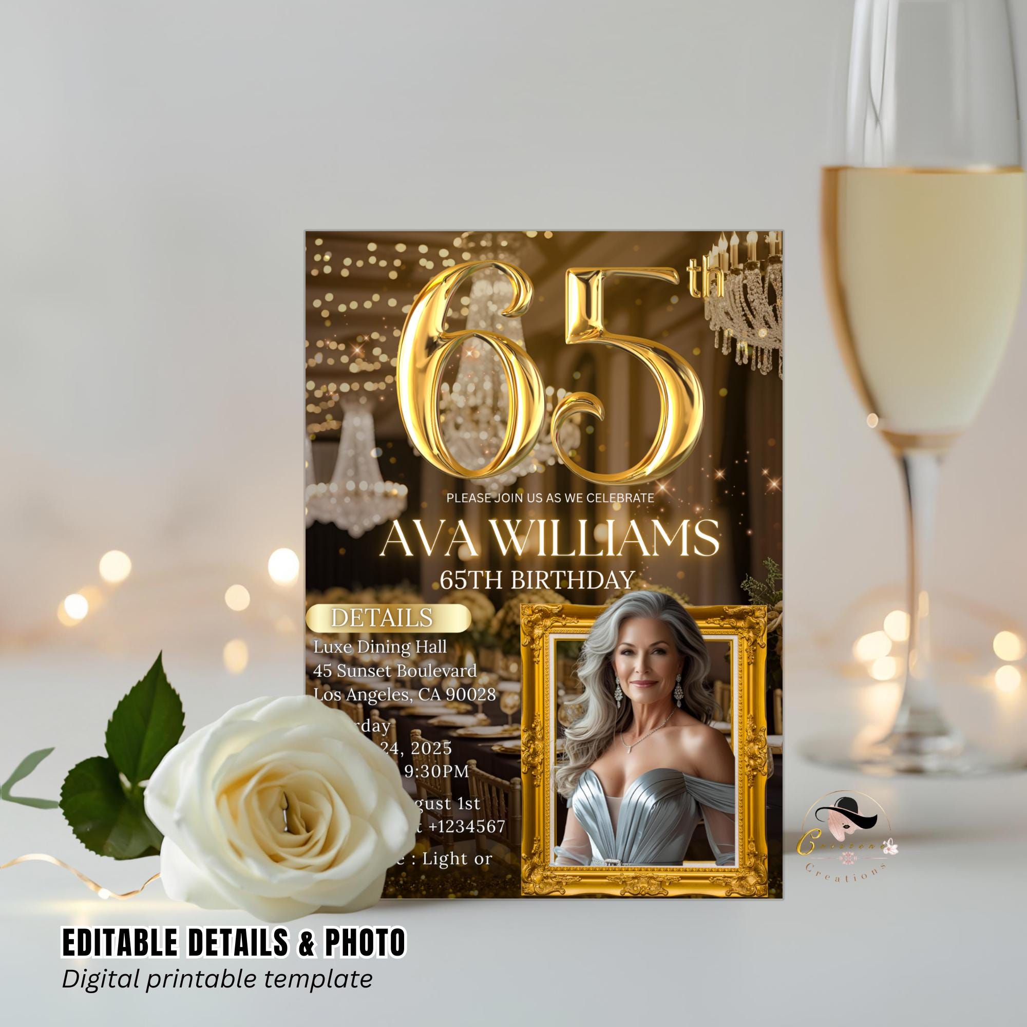 Editable 65th Birthday Invitation Black Gold 65th Birthday Dinner Invite with photo Woman Elegant Birthday Brunch Party Digital Template