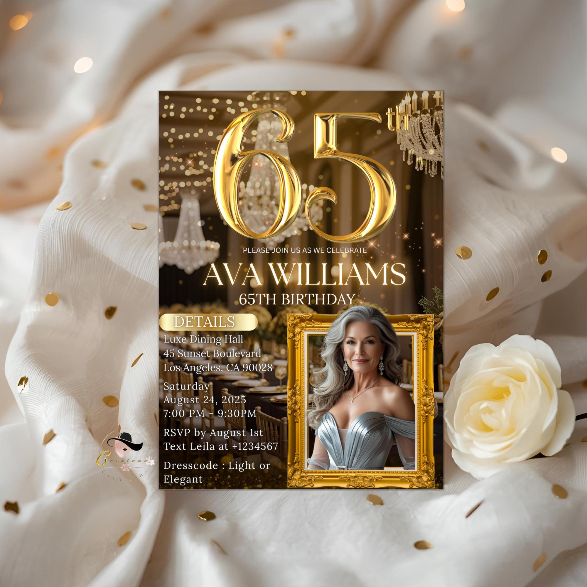 Editable 65th Birthday Invitation Black Gold 65th Birthday Dinner Invite with photo Woman Elegant Birthday Brunch Party Digital Template