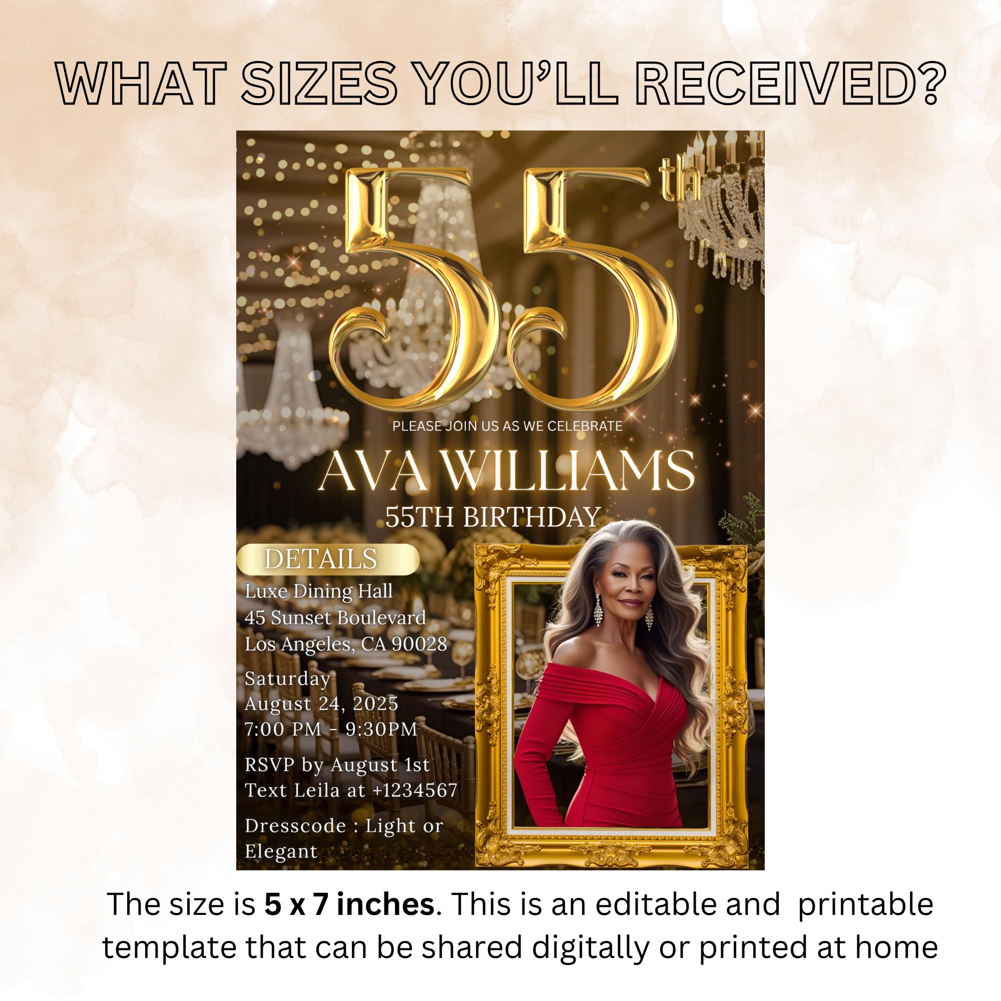 Editable 55th Birthday Invitation, Black Gold 55th Birthday Dinner Invite with photo, Woman Elegant Birthday Brunch Party Digital Template