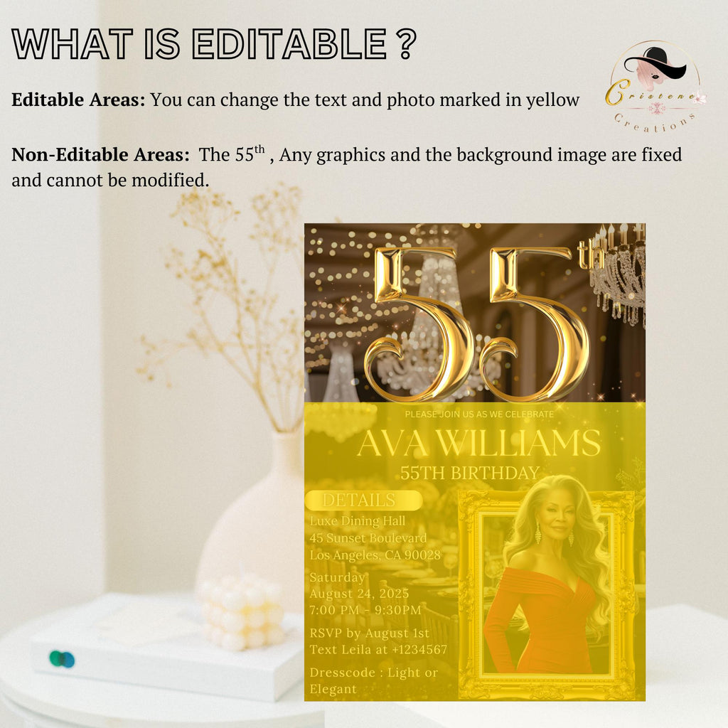 Editable 55th Birthday Invitation, Black Gold 55th Birthday Dinner Invite with photo, Woman Elegant Birthday Brunch Party Digital Template