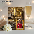 Digital 45th Birthday Invitation Black Gold 45th Birthday Dinner Invite with photo Woman Elegant Birthday Brunch Party Printable Template