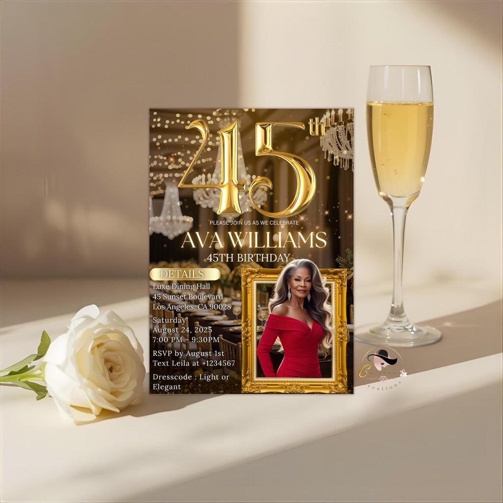 Digital 45th Birthday Invitation Black Gold 45th Birthday Dinner Invite with photo Woman Elegant Birthday Brunch Party Printable Template